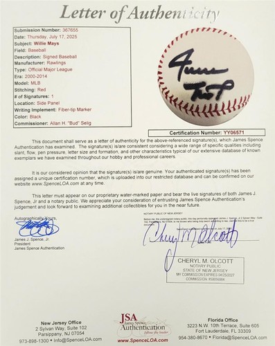 Willie Mays signed Official Major League OML Baseball autograph ~ JSA - Picture 4 of 4