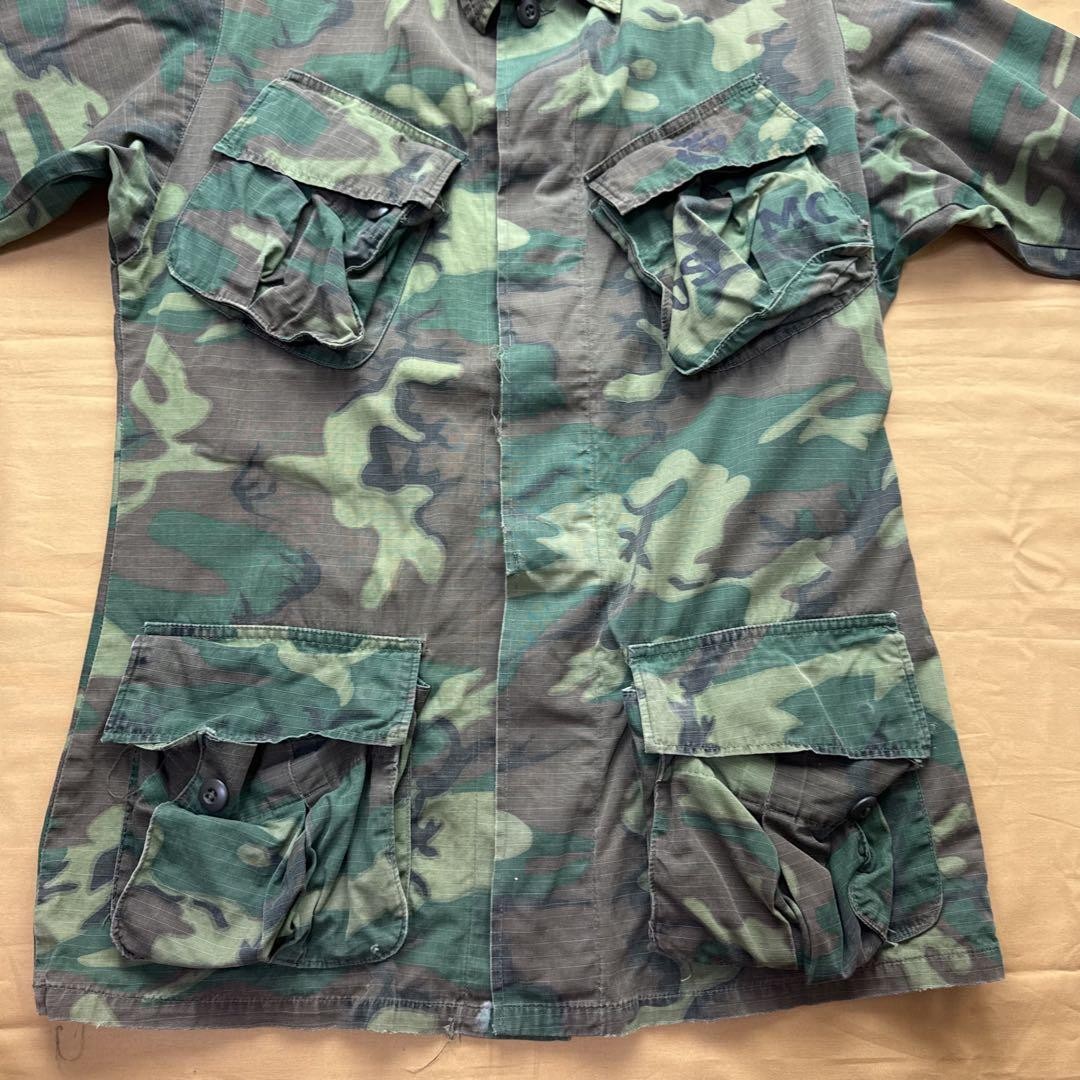 60s US Army Green Leaf Camo Jungle Fatigue Jacket, Vintage