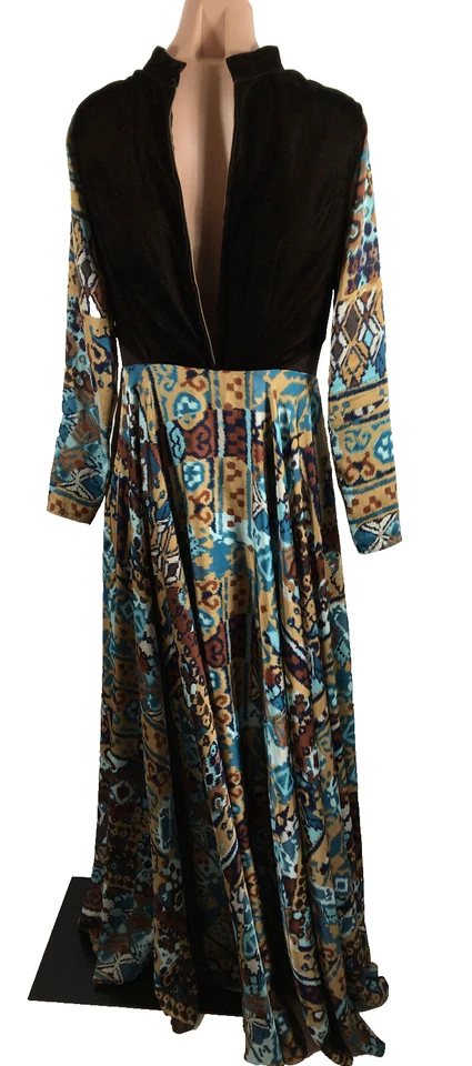 Vintage 70s Blue & Brown Ikat Maxi Mesh Cut-out Full Skirt Dress 1970s M/L - Image 2 of 4
