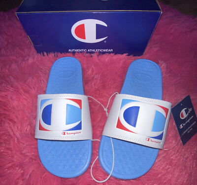 Champion Womens Super Slide Candy Sandals White And Blue Size 10 New With Box