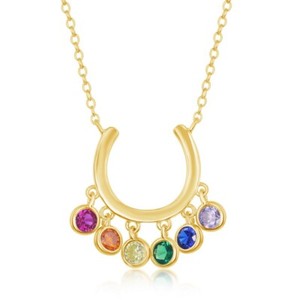 Authentic Sterling Silver Gold Plated Dangling Rainbow CZ Horseshoe Necklace