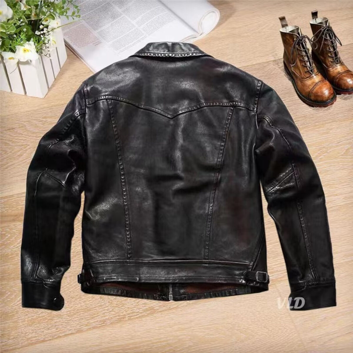 Men's Black Vintage Crunch Cowhide Leather Moto Biker Bomber Men's Black Vintage Crunch Cowhide Leather Moto Biker Bomber