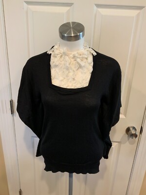 Anne Fontaine Black Papillion Short Sleeve Sweater w/ Ruffles, Sz 6 (US) 38 (EU)