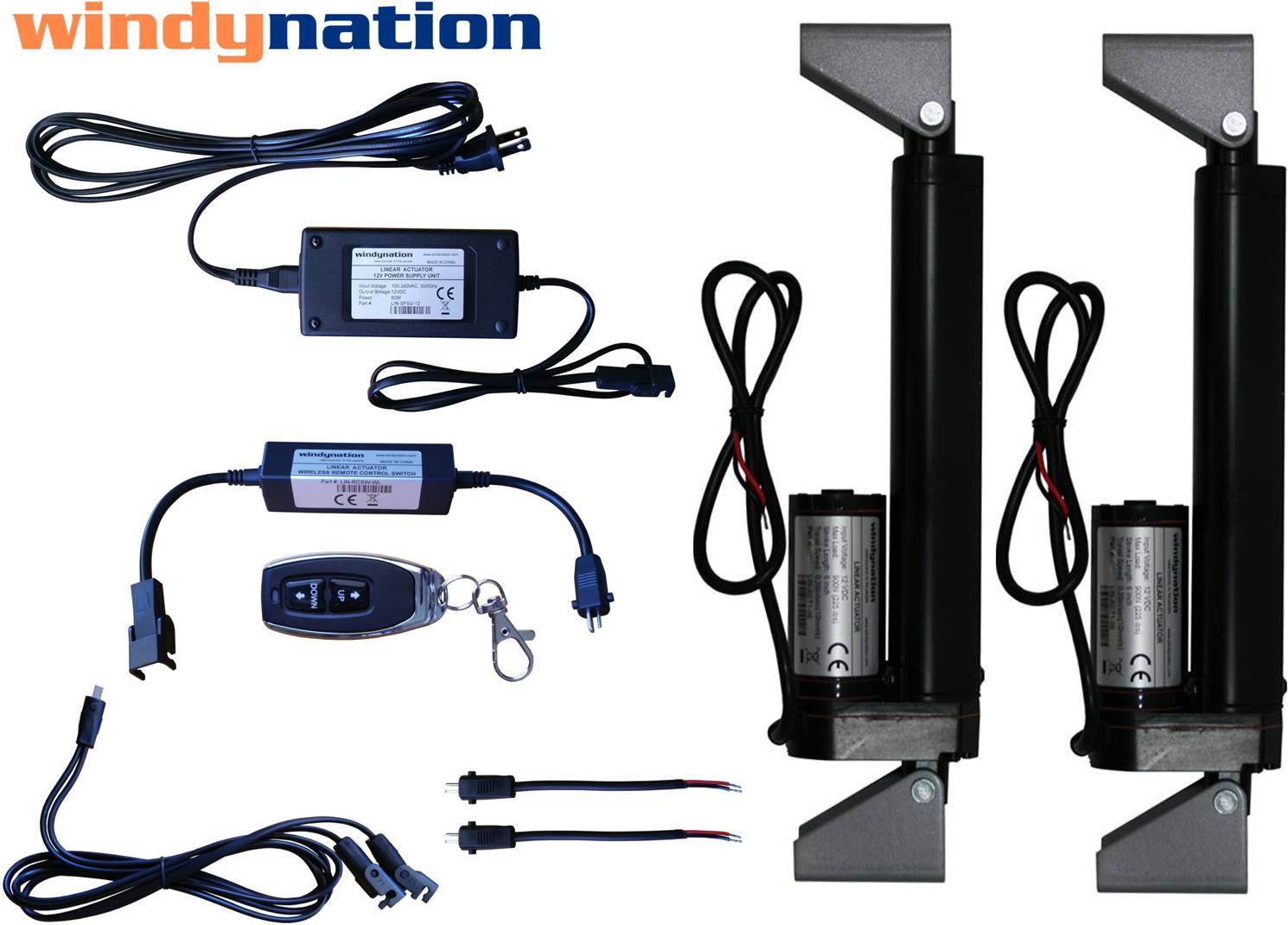 WindyNation 2pcs 12V Linear Actuator + Power Supply + Remote Control