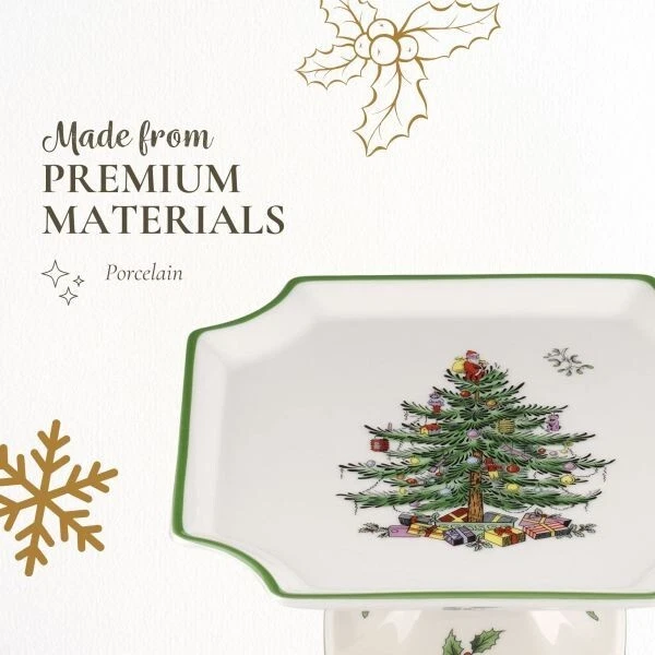 Plato de pastel cuadrado con patas de árbol de Navidad Spode - 6,5 pulgadas - hecho de porcelana fina Foto 4 de 4