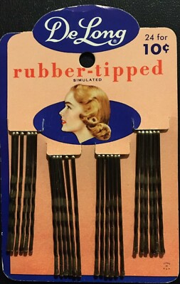 1950's Full Illustrated Display Card of Delong Bobby Pins Superb Graphics ''NOS''