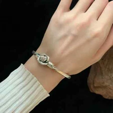 Rose Retro 925 Sterling Silver Cuff Bangle Vintage Flower Women Jewelry Bracelet