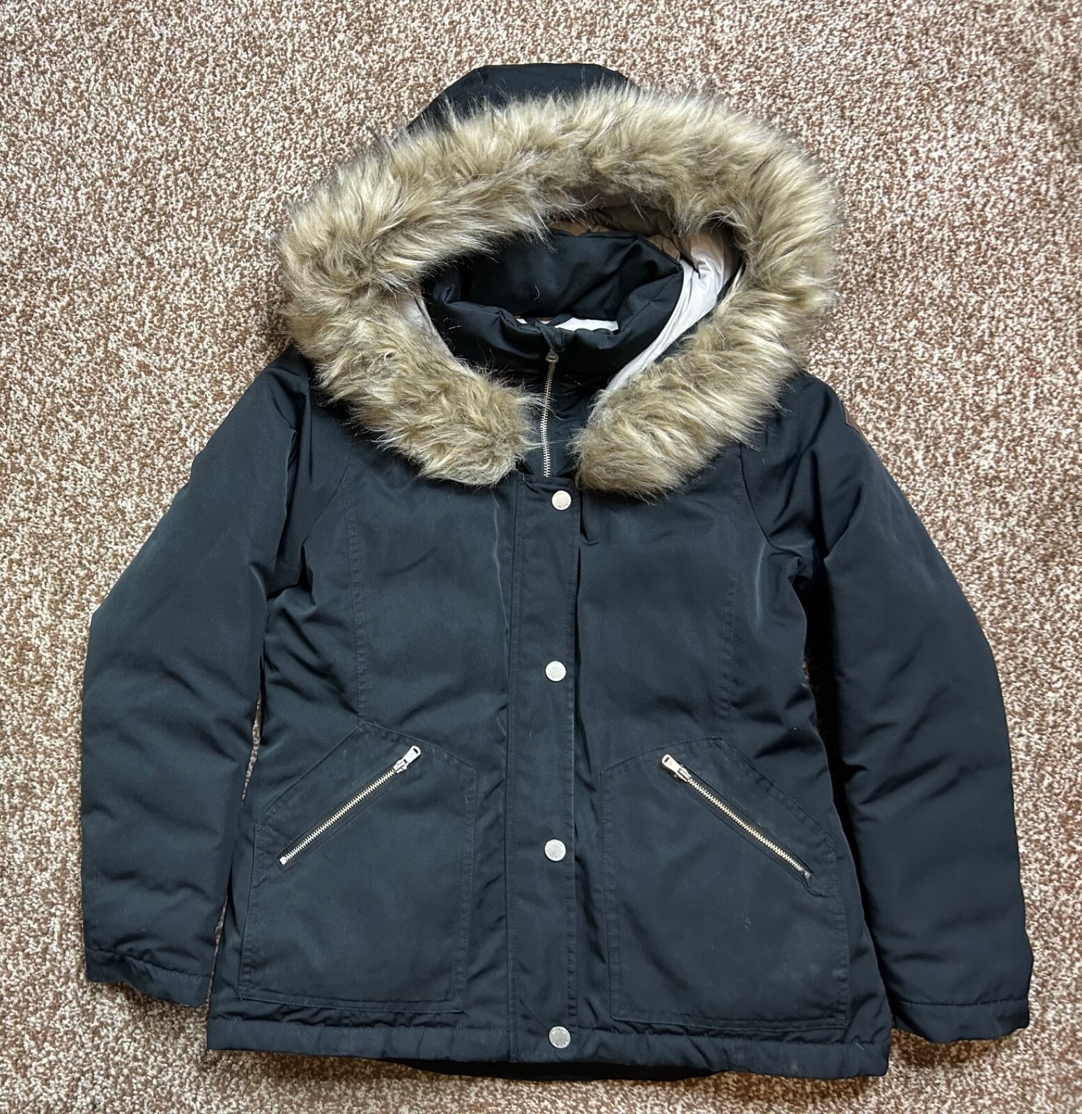 HOLLISTER coat Ladies Black Hooded Down Padded fur trim jacket size Large
