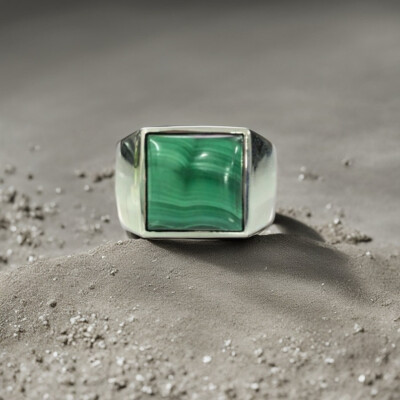 Natural Malachite Signet Men ring 925 Sterling Silver Ring Gift For Him