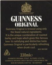 BEER BOTTLE BACK LABEL - GUINNESS - GUINNESS ORIGINAL (BL008/F)