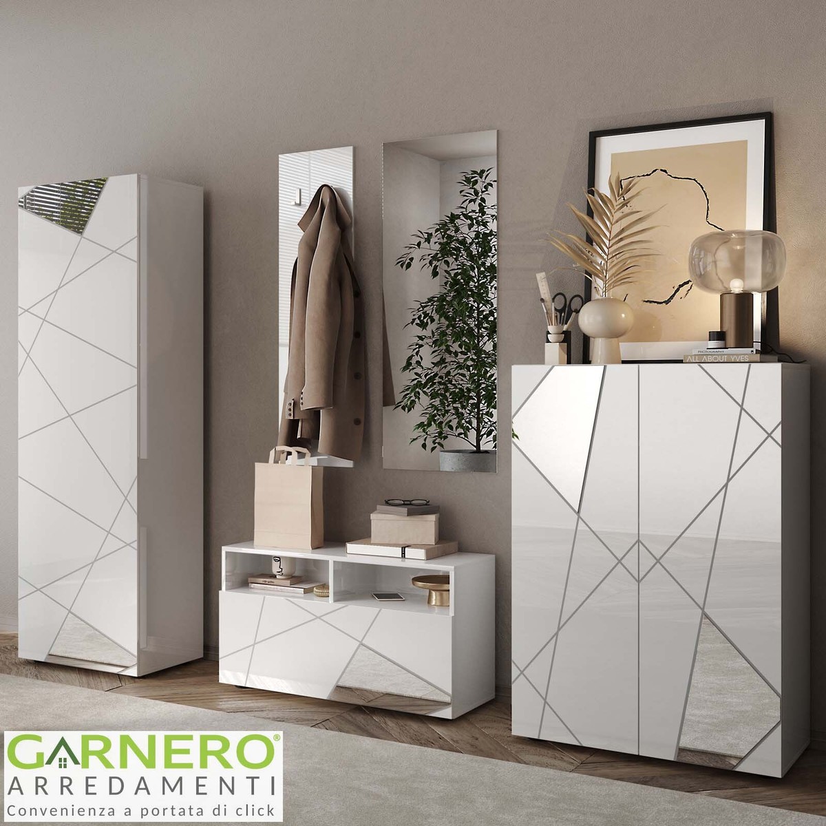 Set Appendiabiti Vladon Carlton Per Corridoio - 5 Pezzi, Bianco Opaco/Lucido | Con Anta E Ripiano Regolabile - Foto 3