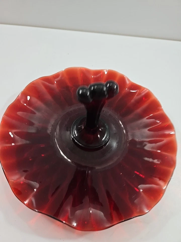 Anchor Hocking Tidbit Mint Tray w/Center Handle Royal Ruby Red Glass Ruffled Rim - Image 2 of 4