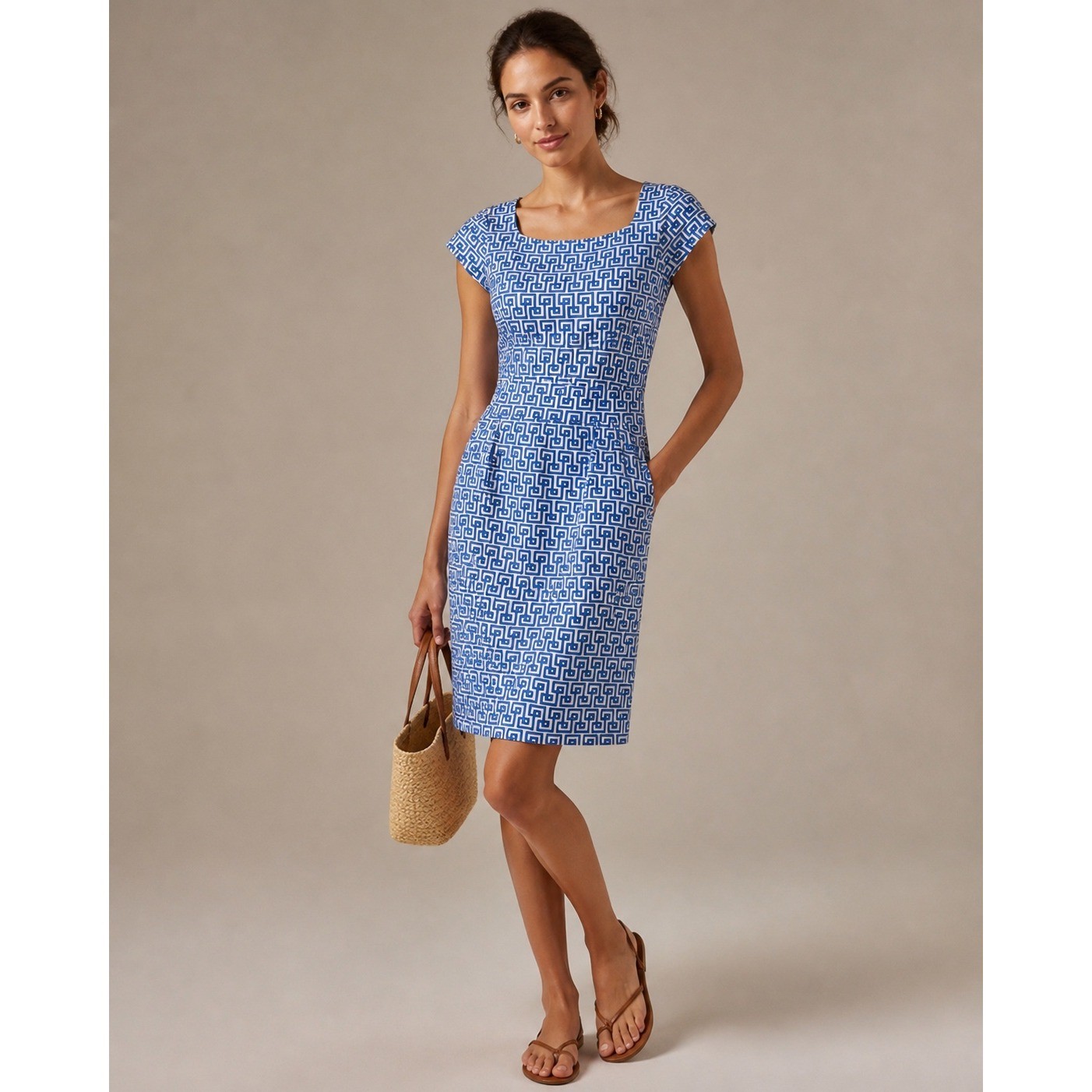 J.McLaughlin Blue White Greek Key Catalina Cloth Sheath Dress Pockets Womens S