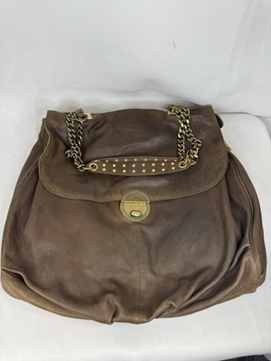 TRE VERO Cognac Brown Leather Hobo Handbag Purse Chain Straps