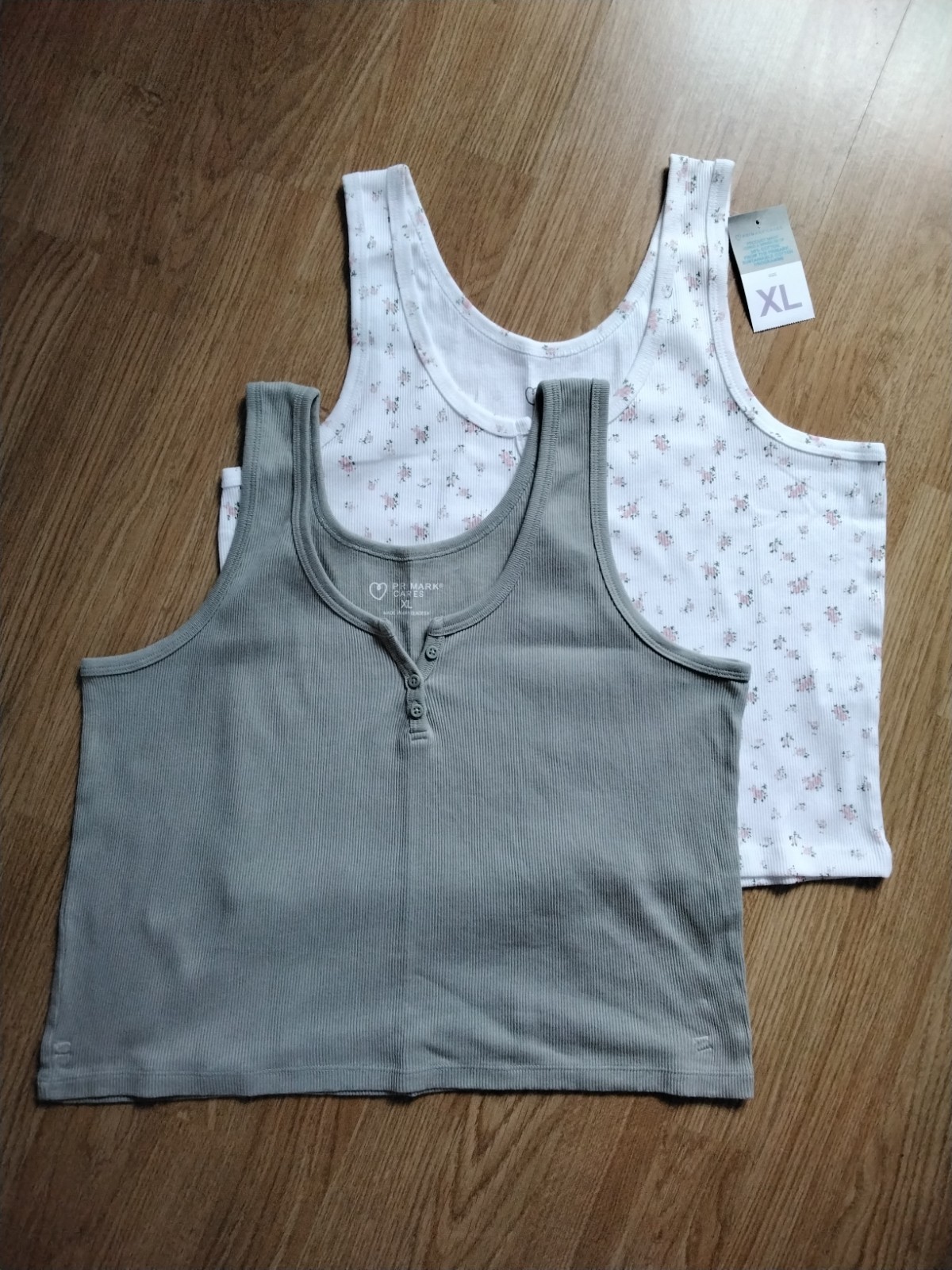 2X PRIMARK RIBBED VEST TOPS PLAIN KHAKI & WHITE FLORAL XL BNWT 🎀 image 2