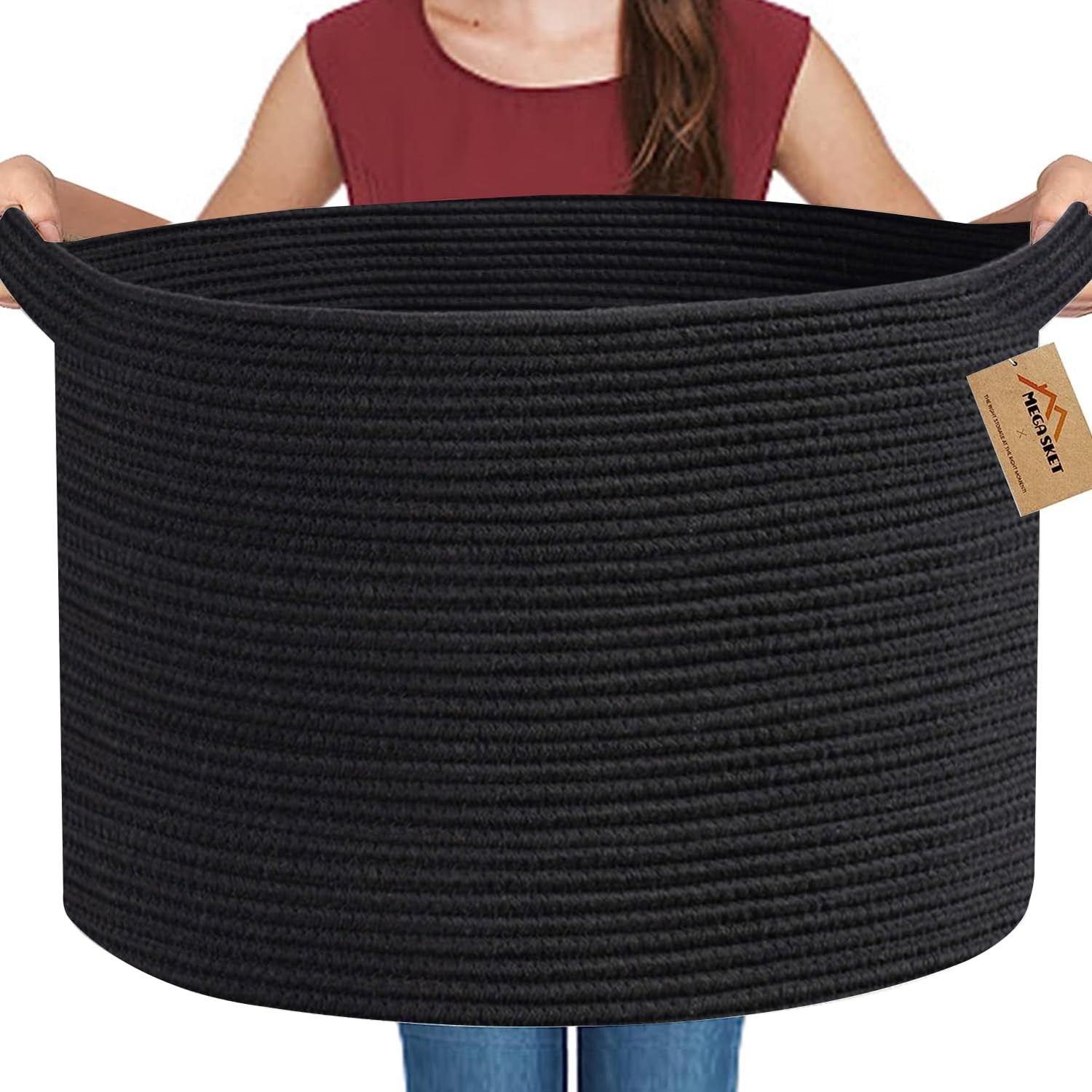 MEGASKET Large Black Blanket Basket, 22 X 22 X 14 Woven Rope Bin for Storage,