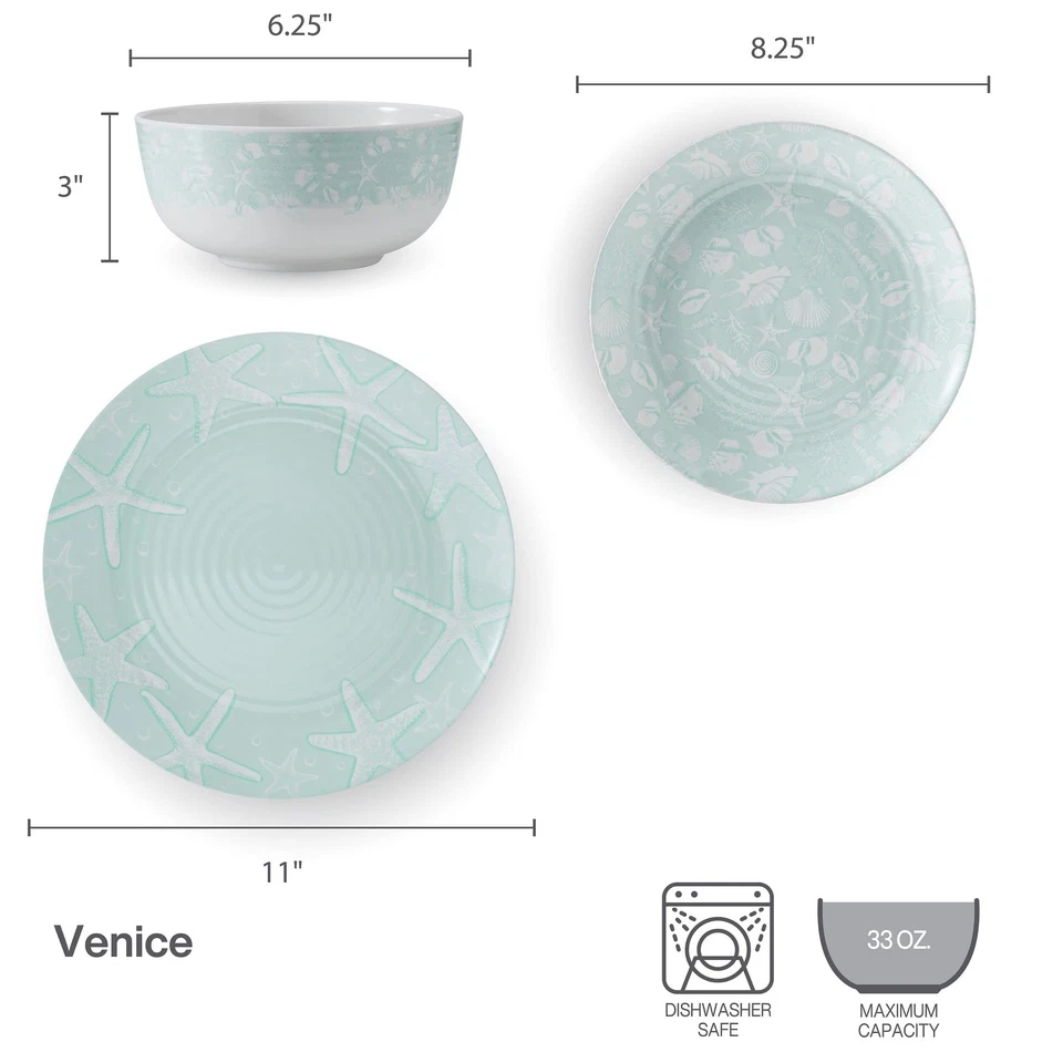 Venice 12 Piece Outdoor Melamine Dinnerware Set, Service for 4,Teal - Image 2 of 4