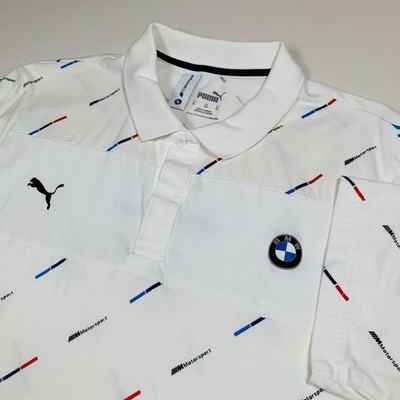 Puma Motorsport BMW Polo Shirt Men's L White All Over Print Short Sleeve Logo