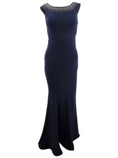 Aqua Women's Embellished Ruffle-Back Gown (0, Navy) 808593583807