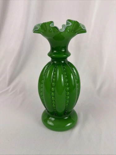 Vintage Fenton Green Overlay Beaded Melon Vase With Crimped Top 8.5" H