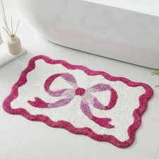 Pink Bow Bath Mat 20 x 32 Scalloped Bath Rug Cute Aesthetic Non Slip Microfiber