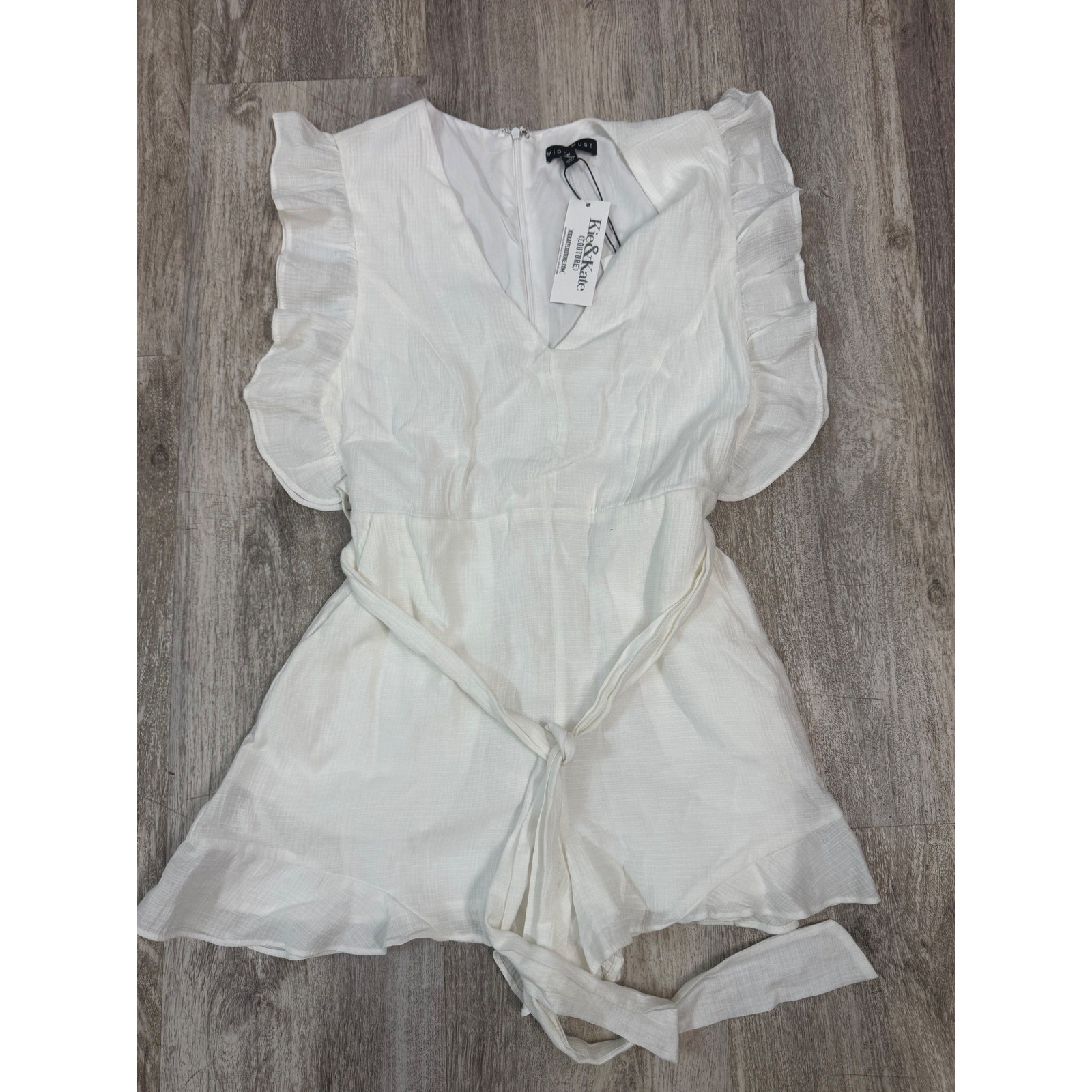 MIOU MUSE Ruffle Detail V Neck Romper Off White Medium Women thumbnail 2