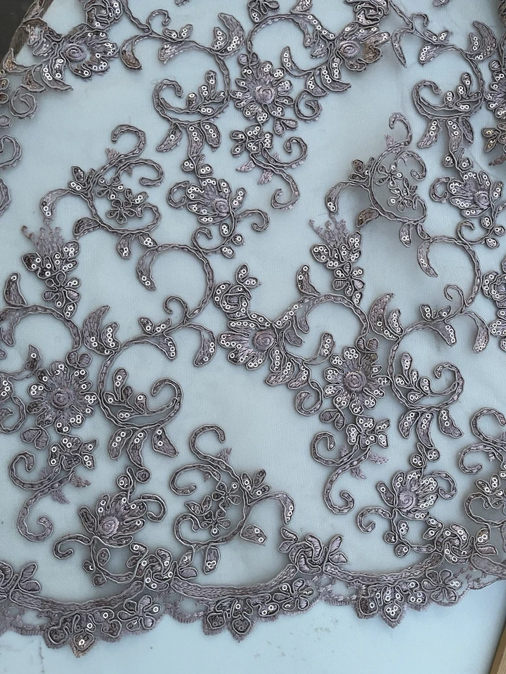 Sale! Mauve Embroidery Floral Pattern Sequined Cord Heavy Lace Fabric 44” x 54” - Image 2 of 4