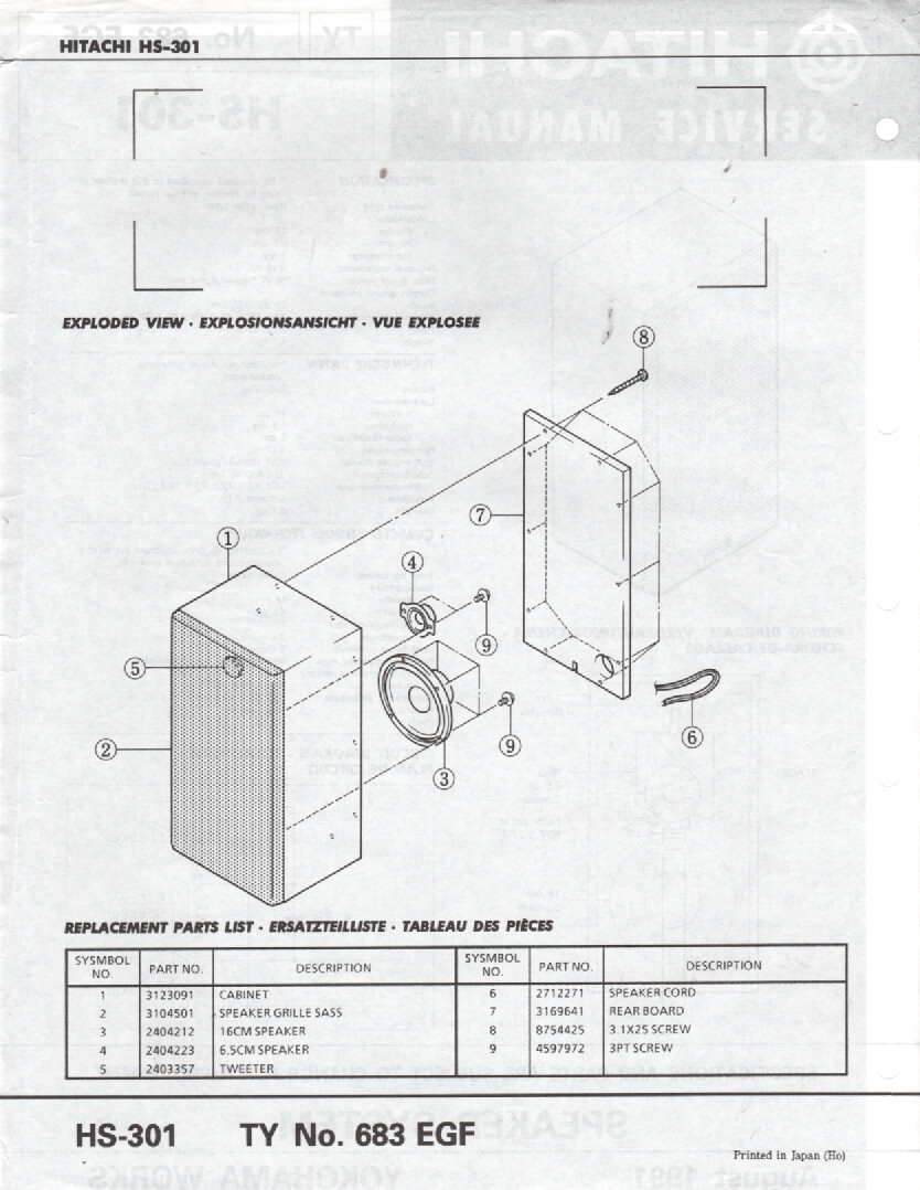 Hitachi - HS-301 Speaker System - Original Service Manual | eBay