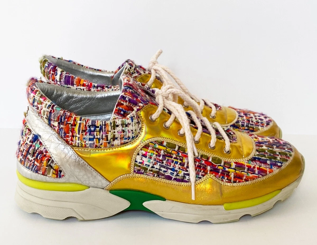 CHANEL 14K SUPERMARKET GOLD MULTICOLOR LEATHER METALLIC TWEED SNEAKERS 41.5