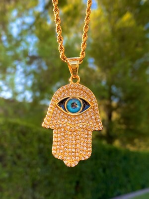 Hamsa Rope Chain Hamsa Hand Of Fatima Iced Charm Pendant Men's Women 14k Gold Finish ...