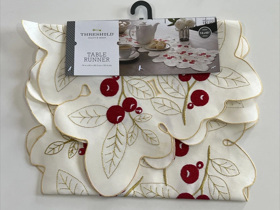 Threshold Berry Cutwork Table Runner 14 X 40, New - Image 2 of 4
