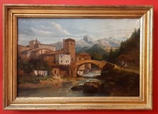 antico quadro dipinto ad olio su tela paesaggio firmato F. Rizzard 1859 cornice