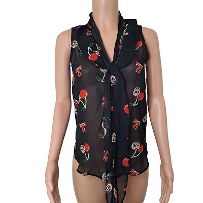 Dead Threads Sheer Skulls and Cherries Blouse Shirt Womens S Tie Collar