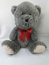 HugFun Gray Bear Plush 12 Inch Red Black Bow Stuffed Animal Toy