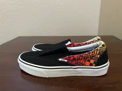 Vans Unisex Skate Shoes Black Red Logo Flame Canvas Low Top Slip On M 6.5 W 8