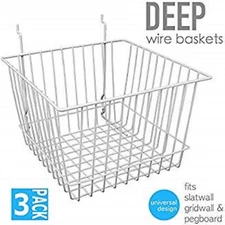 Only Hangers Deep Wire Baskets For Gridwall, Slatwall and Pegboard- White 3pk