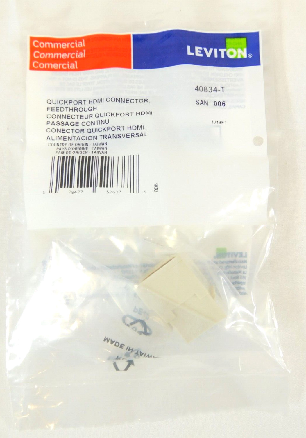 40834-T HDMI Feedthrough Leviton QUICKPORT Connector, Light Almond Housing