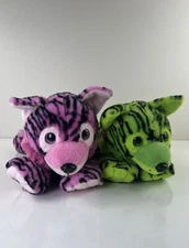 Great Wolf Lodge 2 Pc Stuffed Animal Wolf Plush Neon Pink & Green Tiger Stripes 