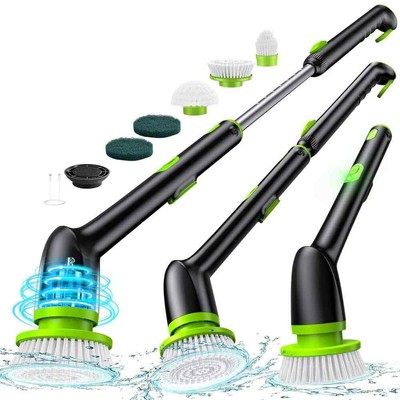 Electric Spin Scrubber Waterproof Bathroom Cleaner, 2 Speed, 5 Heads, Green/Blac