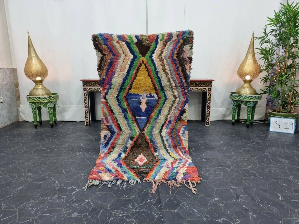 Moroccan Handmade Vintage Boucherouite Rug 2'6"x5' Berber Geometric Blue Carpet - Image 2 of 4