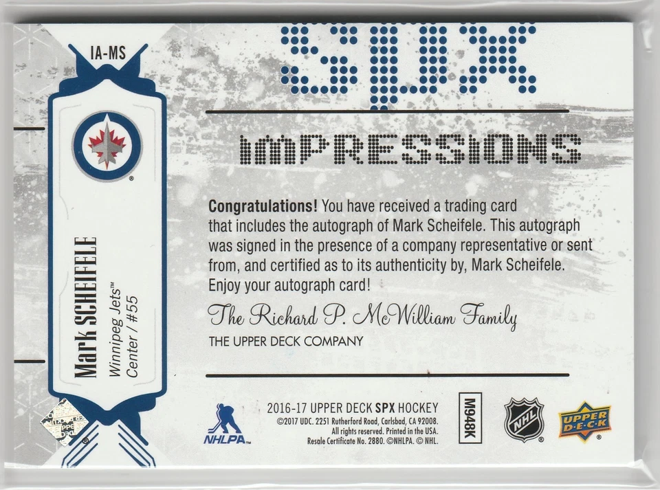 2016 16-17 SPx Impressions Autographs #IAMS Mark Scheifele 90/199 - Image 2 of 2