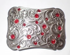 WESTERN STYLE FLORAL SCROLL BELT BUCKLE WITH RED CRYSTALS NICE! + EXTRA CRYSTALS