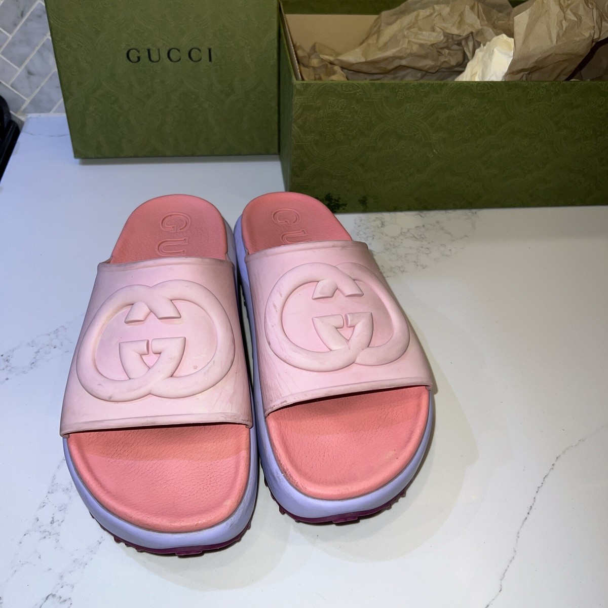 Gucci MIAMI Interlocking G Rubber Punk Pool Sandal Platform 1.5 in