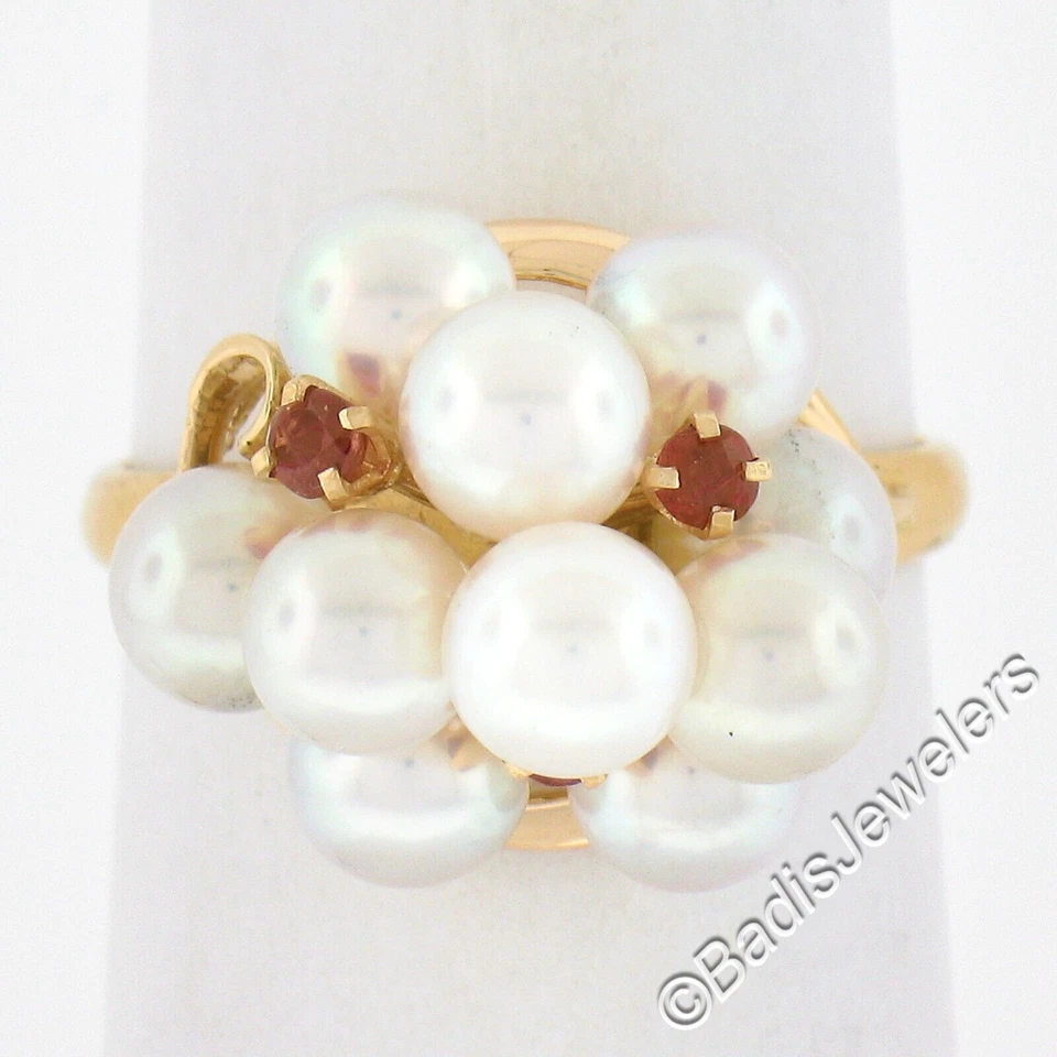 18k Yellow Gold 5mm Round Cultured Pearl & Ruby Prong Cluster Cocktail Ring - Image 2 of 4
