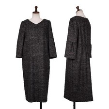 mina perhonen Mohair Blended Tweed 3/4 Sleeve Dress Black Khaki Used