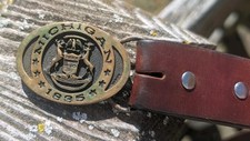 Vintage 1835 State of Michigan Brass Buckle and Leather Belt Made in USA 44