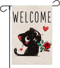 Valentines Day Welcome Cat Garden Flag 12X18 Inch Double Sided outside Roses Flo