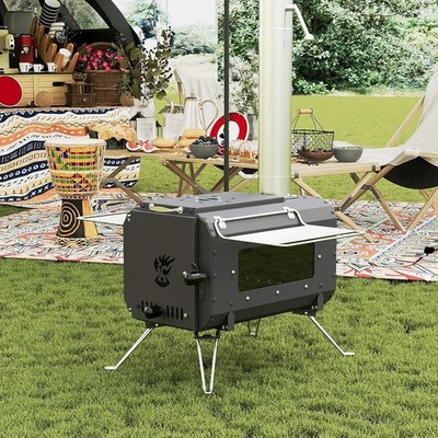 Portable Hot Tent Stove Wood Burning W/ Chimney & View Glass for Camping Outdoor