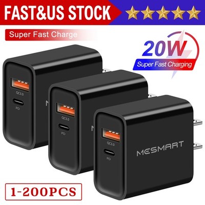 1-200 Pcs US Fast Wall Adapters USB-C 20W PD + USB QC 3.0 Dual Port Chargers Lot