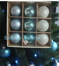 Tinsel and Fir Blue Teal Frosted Glass Heavyweight Christmas Ornaments Set 9